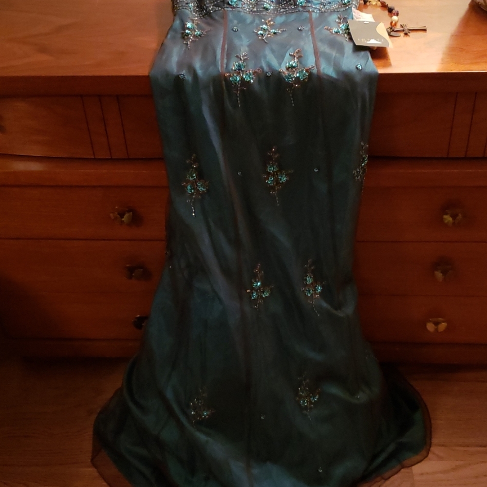 Beaded teal evening dress.